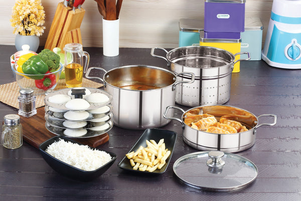 Coconut Stainless Steel Multi Steamer Pot with 3 Tier Compartments & Glass Lid | Heavy-Gauge Food-Grade Cookware | Ideal for Modak, Momo, Idiyappam, Vegetable, Puttu Maker, Khandvi, Kolukatta and Steamer | Induction & Gas Compatible | Mirror Finish |