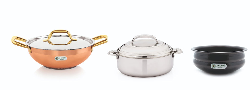 Coconut Stainless Steel Hammered Design Kadai With SS Lid Capsulated Bottom, Hot Box/Casserole and Hard Anodized Urli - Pack of 3 - 1000ML, 1500ML,2000ml