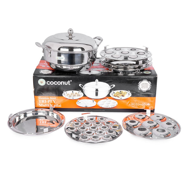 Coconut Stainless Steel Tri-Ply Multi Kadai Idly Stemer with 6 Plates (2 Regular,1 Mini Idly, 2 Dhokla Idly Plate, 1 Steamer Plate) | Idli, Dhokla & Patra Steamer | Heavy Gauge Food-Grade Cookware | Induction & Gas Compatible | Mirror Finish |
