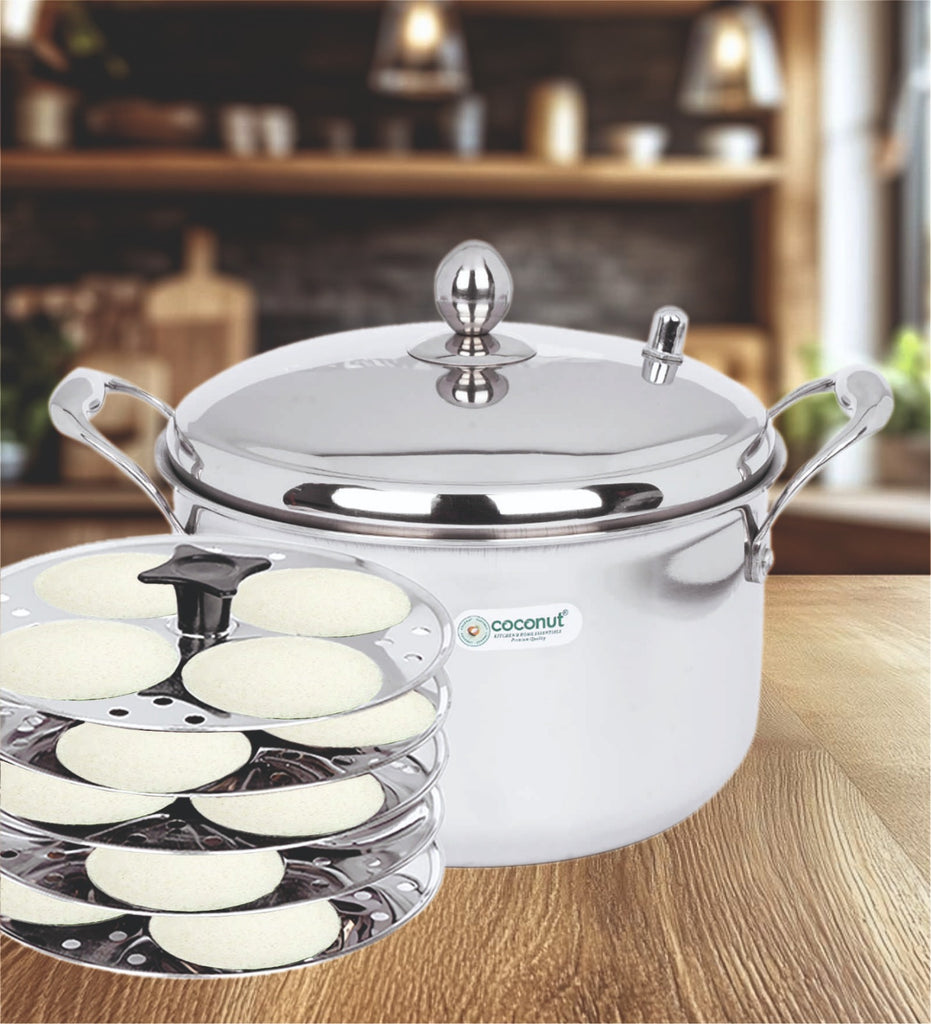 Coconut Stainless Steel Idli Cooker with 5 Plates | Heavy-Gauge Food-Grade Steel | Traditional South Indian Idli Maker | Induction & Gas Compatible | Mirror Finish |