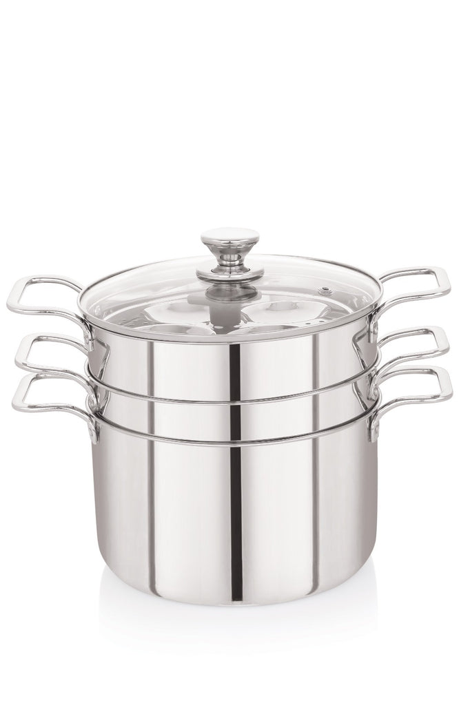 Coconut Stainless Steel Multi Steamer Pot with 3 Tier Compartments & Glass Lid | Heavy-Gauge Food-Grade Cookware | Ideal for Modak, Momo, Idiyappam, Vegetable, Puttu Maker, Khandvi, Kolukatta and Steamer | Induction & Gas Compatible | Mirror Finish |