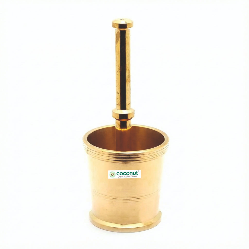Coconut Pure Brass Kutani (Mortar & Pestle) | Heavy-Gauge Traditional Spice Crusher | Solid Brass, Durable & Long-Lasting | Ideal for Kitchen, Ayurveda, Pooja & Gifting.