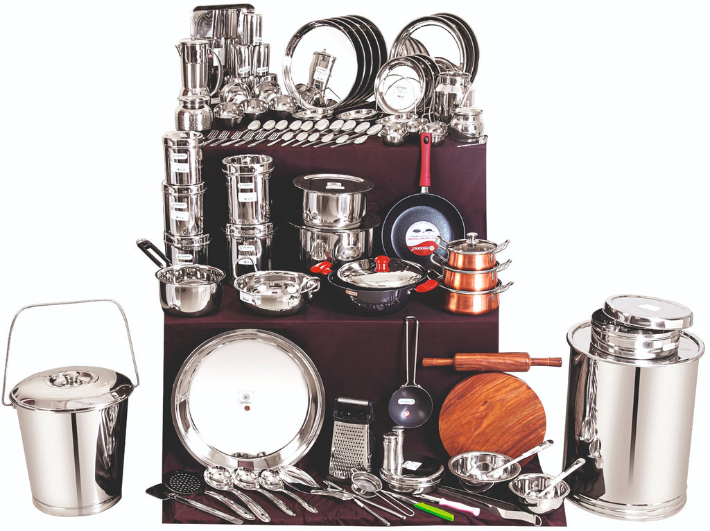 Coconut Premratan Vivaah Set – Premium Stainless Steel Complete Kitchen Utensils & Cookware Combo for Wedding & Gifting Mirror Finish, Heavy Gauge