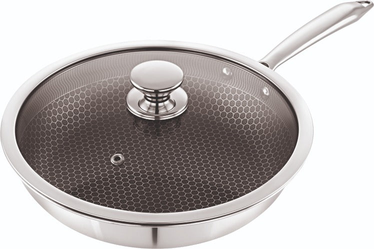 Coconut Triply Stainless Steel Honeycomb Frypan with Tempered Glass Lid, Scratch-Resistant Non-Stick Sauté Pan & Skillet with Long Handle, Induction & Gas Compatible Cookware for Frying, Searing & Sautéing (Mirror Finish, Silver)