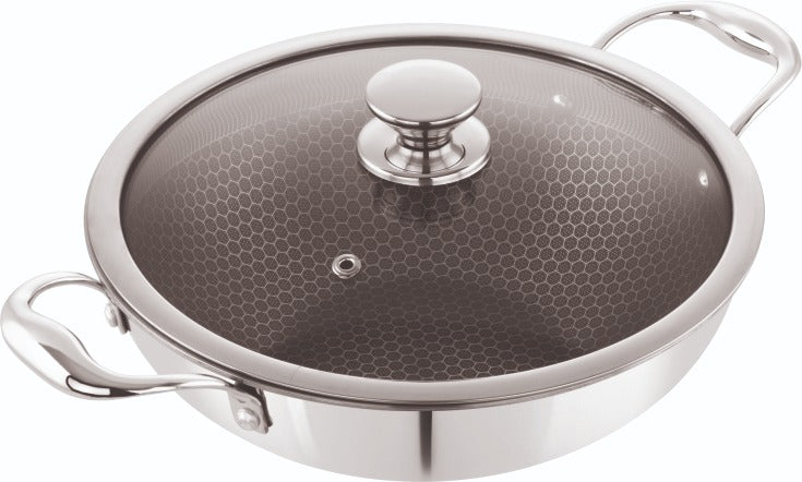 Coconut Triply Stainless Steel Honeycomb Kadai with Tempered Glass Lid, Non-Stick Scratch-Resistant Deep Wok with Dual Handles, Induction & Gas Compatible Kadhai for Deep Frying & Curries (Mirror Finish, Silver)