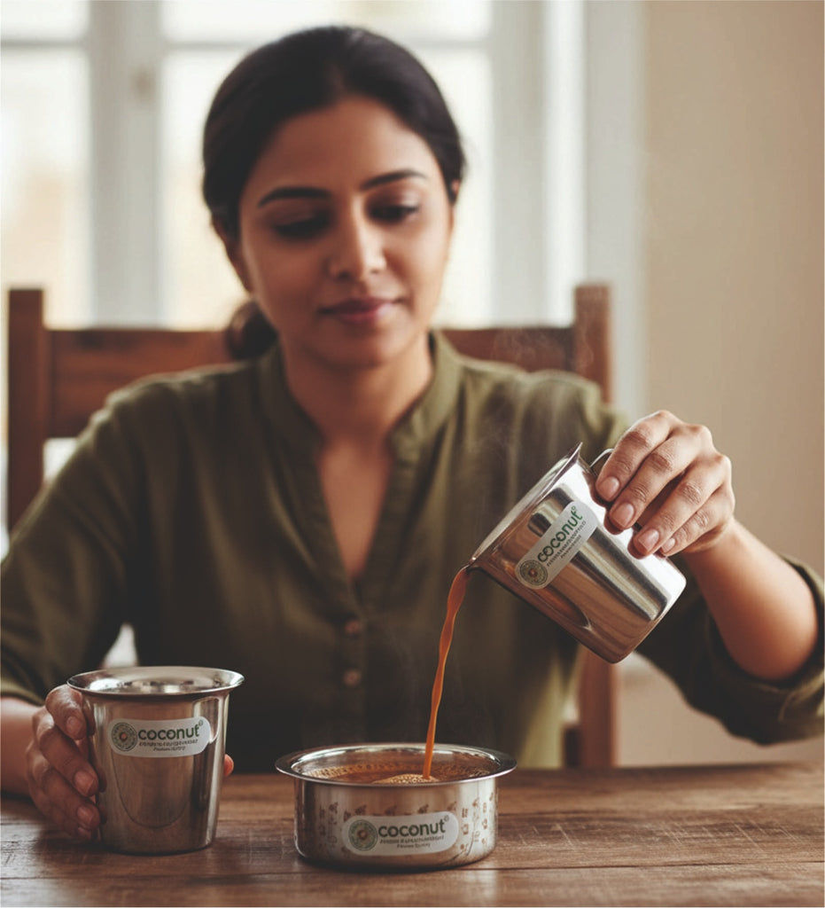 Coconut Stainless Steel Laser Coffee Dabra Set of 2 | South Indian Filter Coffee Tumbler Set | Heavy-Gauge, Rust-Proof, Mirror Finish | Food-Grade & Durable | Ideal for Tea, Coffee & Milk.