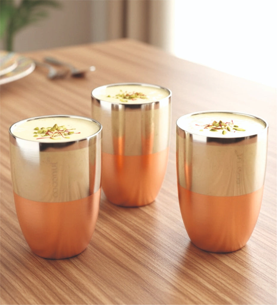 Coconut Stainless Steel Double Walled Tumbler | Premium Mirror Finish Drinkware with Copper Coating Outside | Heavy-Gauge, Rust-Proof & BPA-Free | Ideal for Water, Juice, Lassi & Milk | Eco-Friendly & Durable | Pack of 3.