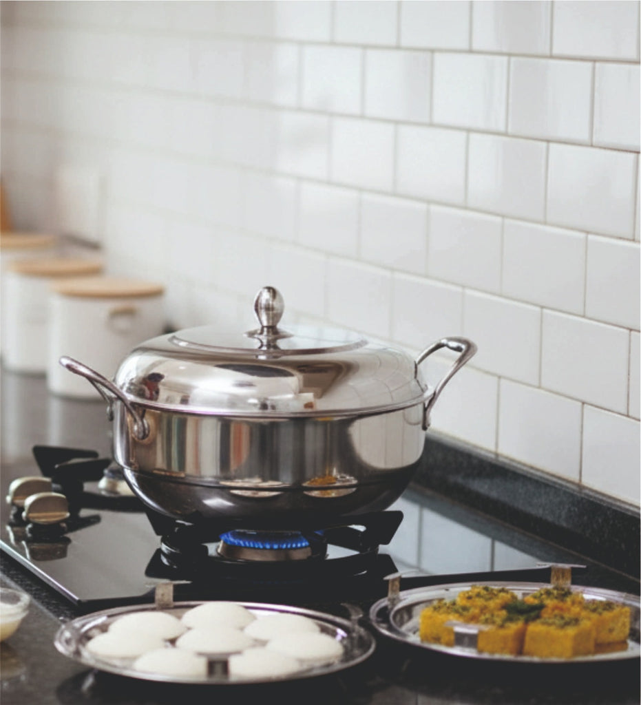 Coconut Stainless Steel Tri-Ply Multi Kadai Idly Stemer with 6 Plates (2 Regular,1 Mini Idly, 2 Dhokla Idly Plate, 1 Steamer Plate) | Idli, Dhokla & Patra Steamer | Heavy Gauge Food-Grade Cookware | Induction & Gas Compatible | Mirror Finish |