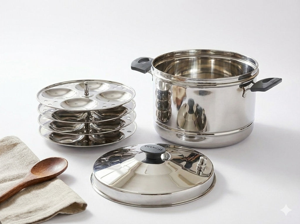 Coconut Stainless Steel Idli Cooker with 4 Idli Plates | Makes 16 Soft Idlis | Heavy-Gauge, Food-Grade Steel | Even Steam Cooking | Durable & Rust-Proof | Ideal for Home, Gifting & Indian Cooking.