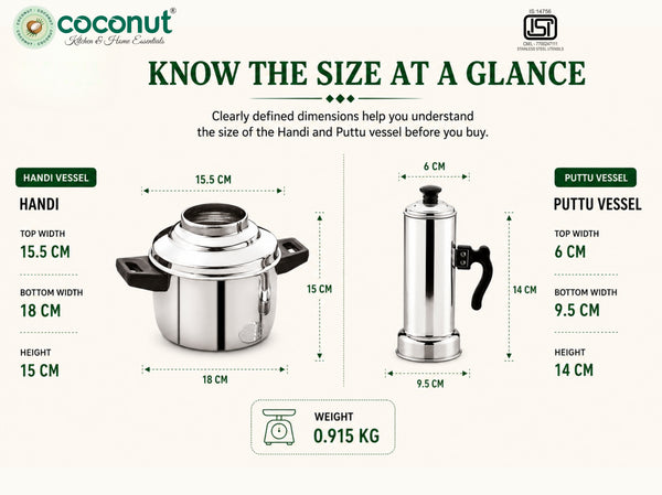 Coconut XXL Jumbo Stainless Steel Puttu Kodam Maker Set, Large Capacity South Indian Breakfast Steamer with Dual-Handle Water Kudam Pot, Steamer Cylinder, Perforated Filter Disc & Extractor Stick (Mirror Finish, Silver)