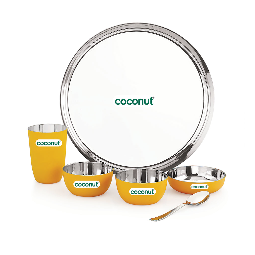 Coconut Stainless Steel Unique Yellow Colour Design Coating Dinner set/ Launch set - Set of 6