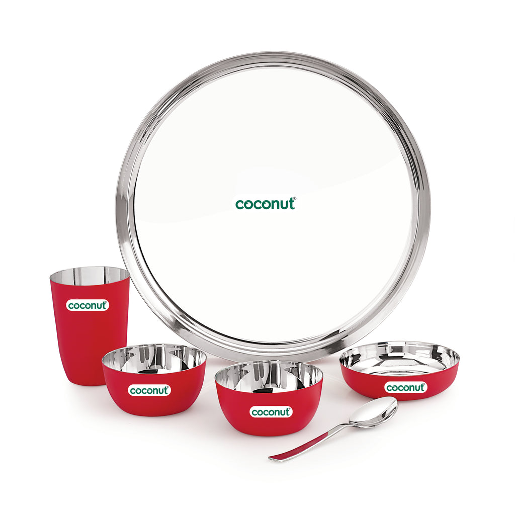 Coconut Stainless Steel Unique Red Colour Design Coating Dinner set/ Launch set - Set of 6