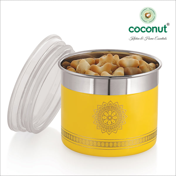 Coconut Stainless Steel Storage Container with Acrylic Lid – 500 ml Airtight Jar, Leak-Proof & Durable Kitchen Canister with Traditional Mandala Print – Ideal for Snacks, Spices & Dry Food