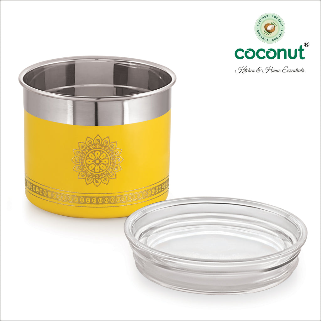 Coconut Stainless Steel Storage Container with Acrylic Lid – 500 ml Airtight Jar, Leak-Proof & Durable Kitchen Canister with Traditional Mandala Print – Ideal for Snacks, Spices & Dry Food