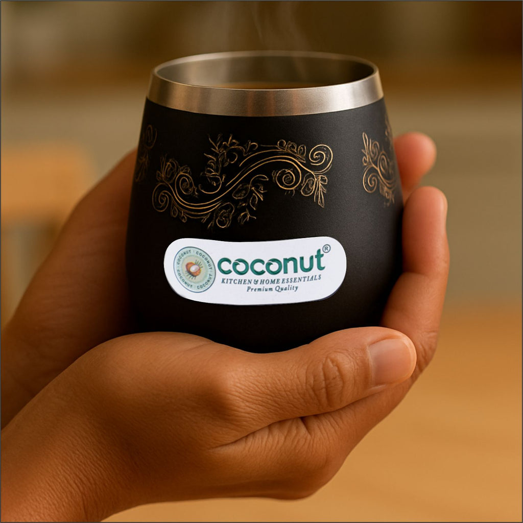 Coconut Stainless Steel Boomer Black Designer Glass Set of 6 | Laser Print Drinkware for Water, Juice & Beverages | Rust-Proof, Durable & Reusable Tumblers | Perfect for Home, Kitchen & Gifting.