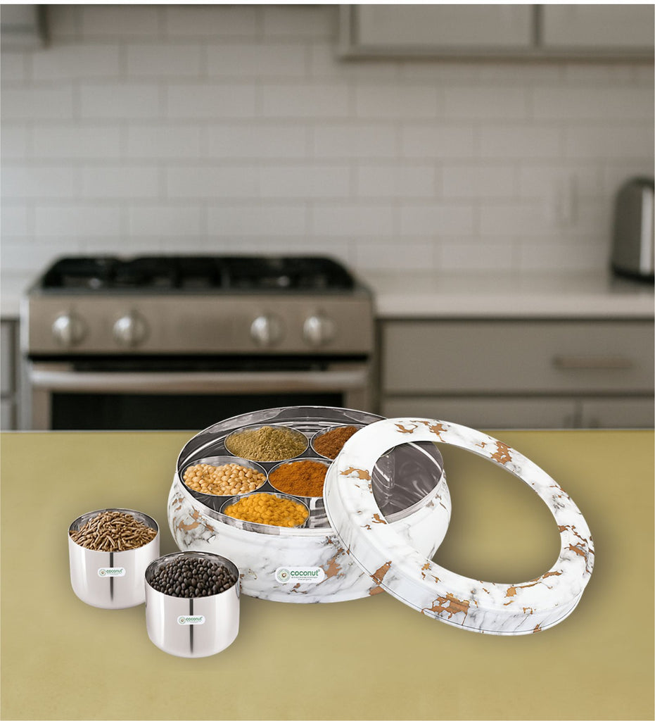 Coconut Stainless Steel Masala Box with C-Thru Lid | Unique Marble-Look Belly Shape Design | Heavy-Gauge Food-Grade Steel Spice Organizer | Masala Dabba / Masala Dhani / Chamak Kitchen Storage Container/ Colour Masala Box.