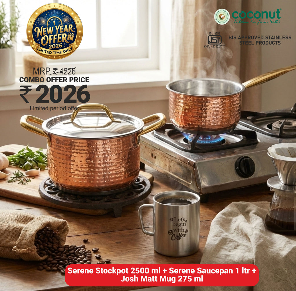 Coconut Stainless Steel Hammered Stockpot & Saucepan Combo with Copper Finish & Capsulated Bottom + Matt Finish Coffee Mug | Heavy Gauge Food-Grade Cookware Set | Multipurpose Kitchenware for Home & Gifting - Combo 2026
