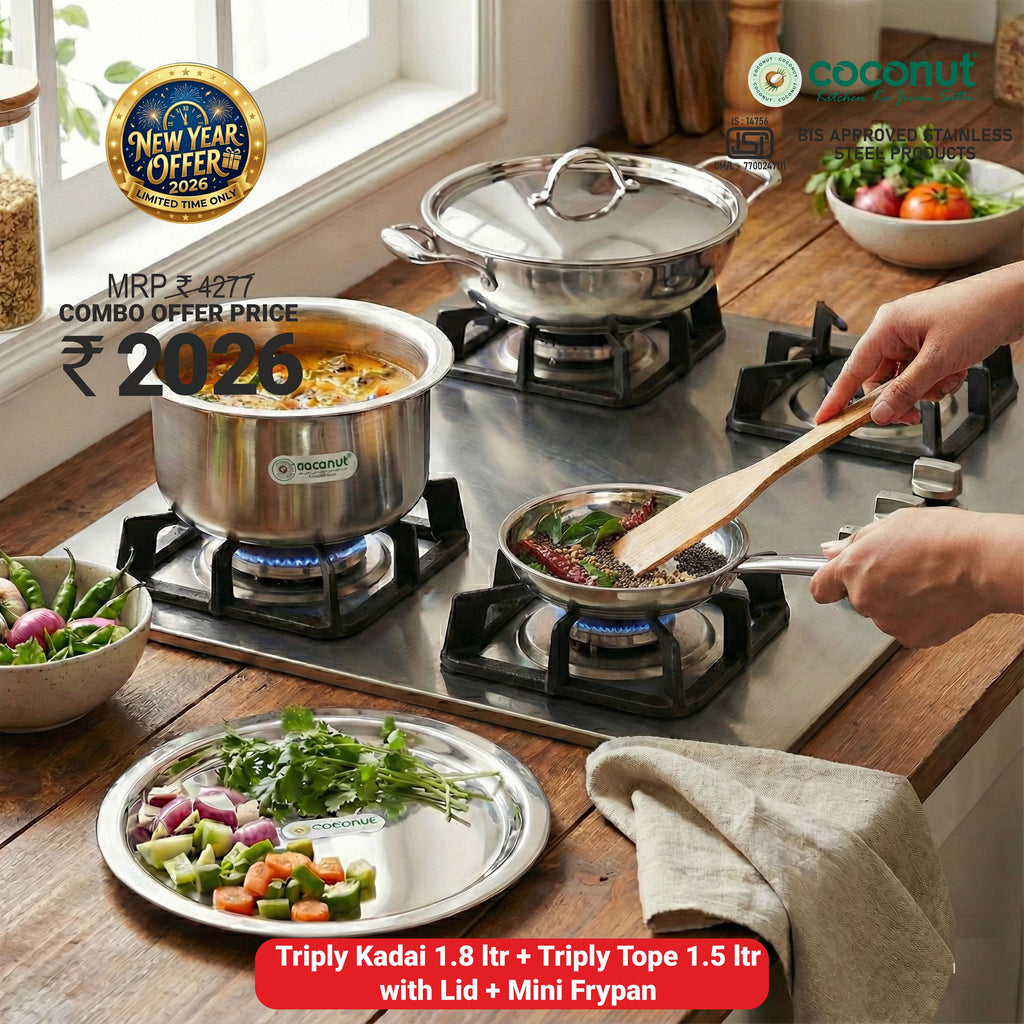 Coconut Premium Tri-Ply Steel Kitchen Gift Set – Includes 22cm Kadai, 1.5L Milk Pan/Tope with Lid & Mini Fry Pan – Durable Food-Grade Cookware for Healthy Cooking - Combo 2026