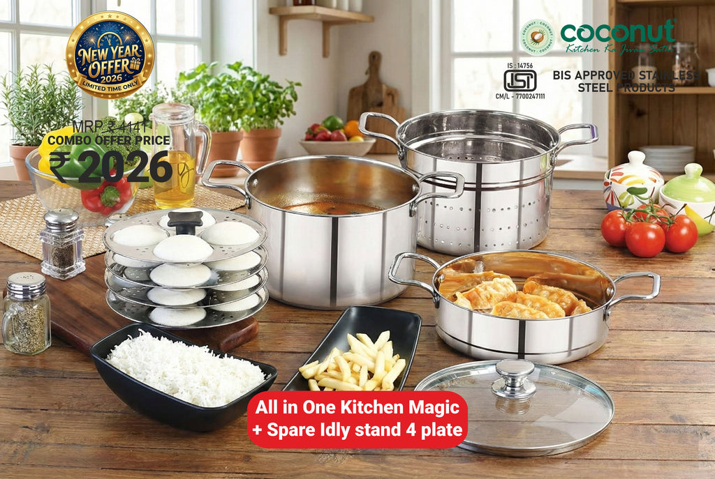 Coconut Stainless Steel "All-in-One Kitchen Magic" Multi-Steamer & Idli Maker – 3-Tier Steamer with Glass Lid + 4-Plate Idli Stand (Makes 16 Idlis) – Heavy-Gauge Induction Base for Momos, Modak & Vegetables - Combo 2026