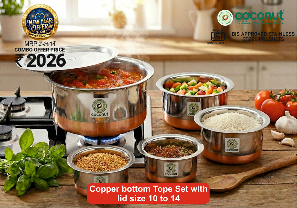 Coconut 5-Piece Stainless Steel Copper Bottom Patila/Tope Set with Lids – (900ml, 1200ml, 1500ml, 2000ml, 2500ml) – Energy Efficient & Even Heating Milk Boiler Vessel- Combo 2026