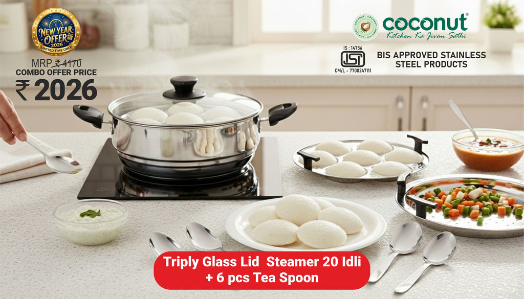 Coconut Stainless Steel Tri-Ply Glass Lid Steamer with 20 Idli & Steamer Plate + 6 Tea Spoons | Heavy-Gauge Food-Grade Cookware | Even Heating & Healthy Steaming | Gas & Induction Compatible | Mirror Finish - Combo 2026