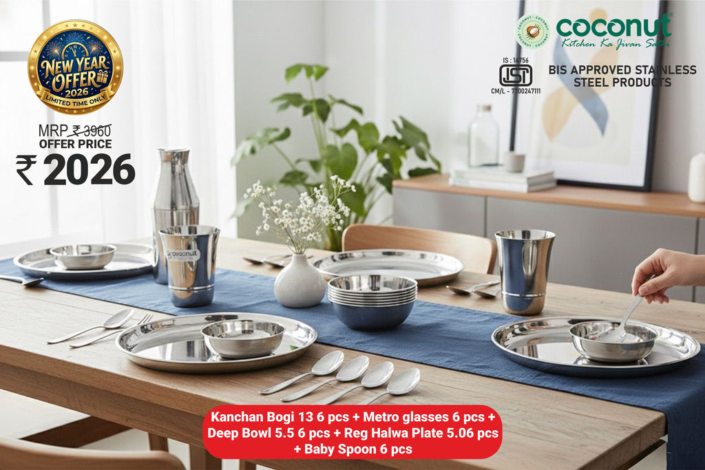 Coconut Stainless Steel 30-Piece Mirror Finish Dinner Set | Heavy Gauge Thali Set for Family of 6 | Includes Plates, Glasses, Bowls & Spoons | Rust-Free & Durable| Food-Grade | Mirror Finish Tableware | Ideal for Family & Gifting - Combo 2026