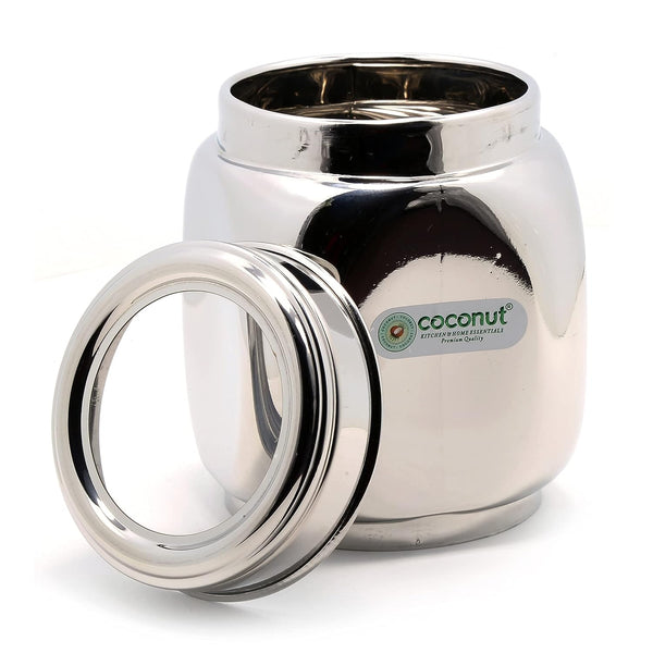 Coconut Stainless Steel Square Container with C-thru Lid - Heavy Gauge, Joinless, Mirror Finish, Food safe, Container for Storage / Deep Dabba / Vertical Canister / Multipurpose storage box, Model - E19 Square Canister C-thru