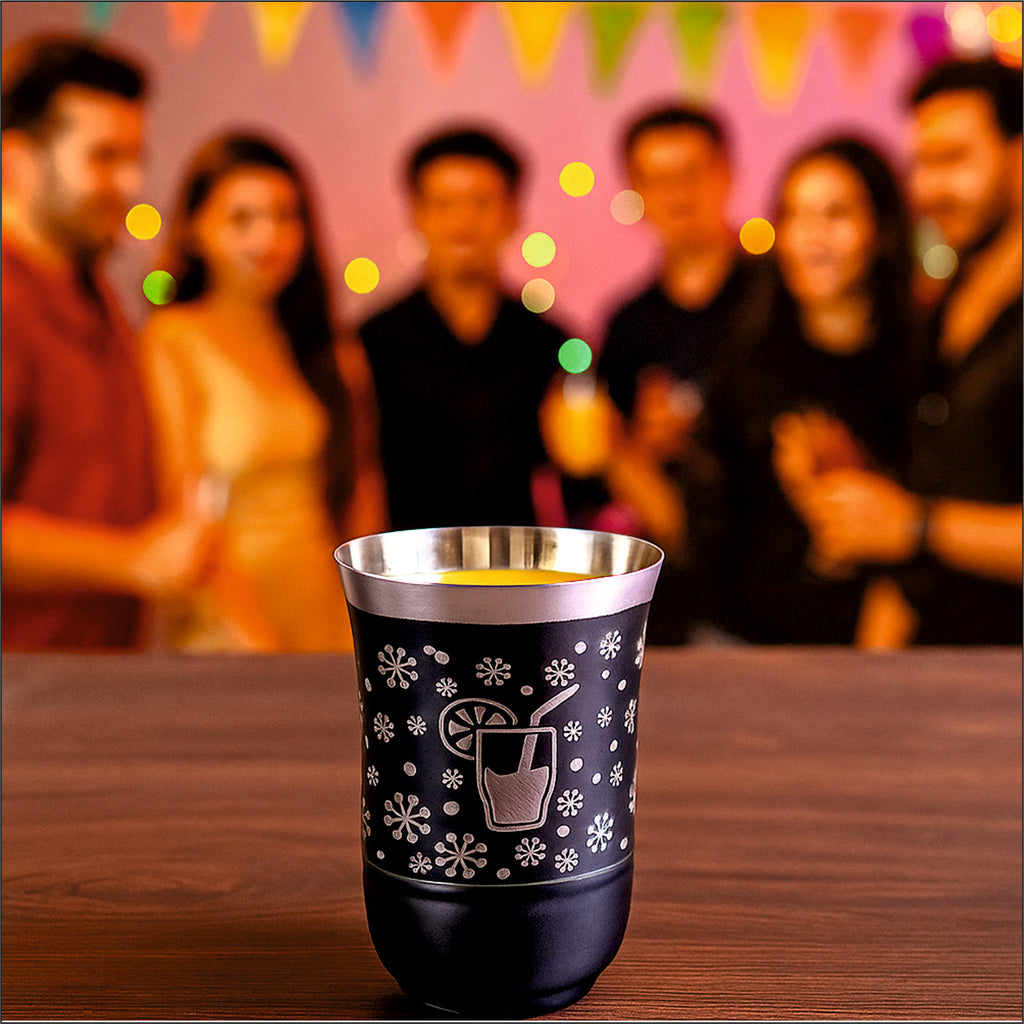 Coconut Stainless Steel Black Designer Glass Set of 6 | Laser Print Drinkware for Water, Juice & Beverages | Rust-Proof, Durable & Reusable Tumblers | Perfect for Home, Kitchen & Gifting.