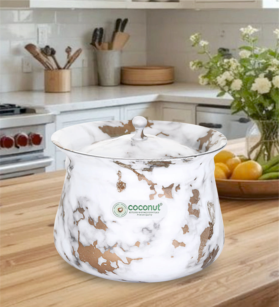 Coconut Stainless Steel - Marble-Look Handi | Multipurpose Serving Pot |Heavy-Gauge, Food-Grade Steel | Ideal for Serving Vegetable, Dal, Curd & Halwa | Everyday Use Kitchen Essential.