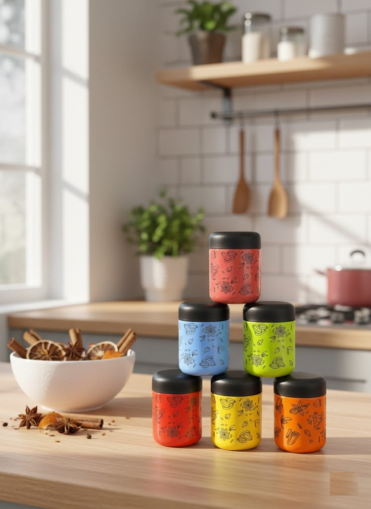 Coconut Stainless Steel - Multi Color Small Canisters | Jars | Storage Containers set of 6Pcs | Ideal for Food, Masala, Dry fruits | Model - E27 Little Joy