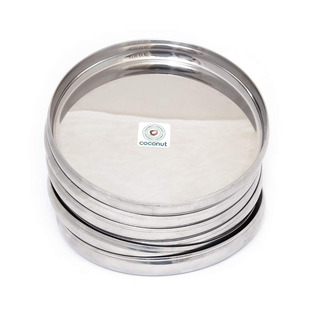 Coconut Stainless Steel Plate - Pack of 6, Heavy Gauge, Mirror Finish, Solid, Dinner Plate / Meal Plate / Serving Plate/ Thali, Model-P1 CB Plate