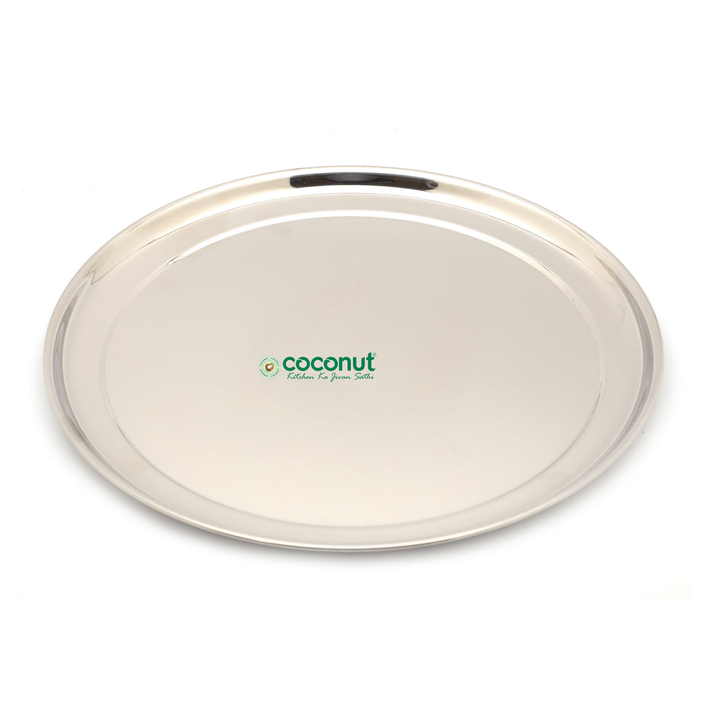 Coconut Stainless Steel Plate - Ideal use for Breakfast, Lunch, Dinner | Heavy Gauge | Mirror Finish | Solid | Dinner Plate | Meal Plate | Food Plate |Model - P34 Rajbhog plate