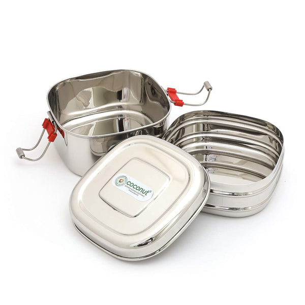 Coconut Stainless Steel Square Double Lunch Box - Tiffin Box / Dibba / Carrier, Food Grade, Mirror Finish, Model - S22 Square