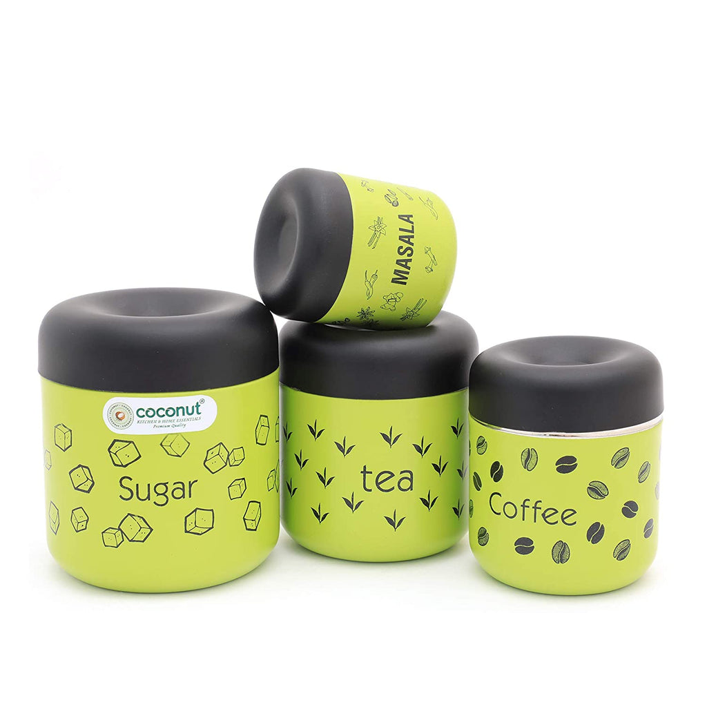 Coconut Stainless Steel Tea/Coffee/Sugar/Masala Containers  - TCS Green - Set of 4