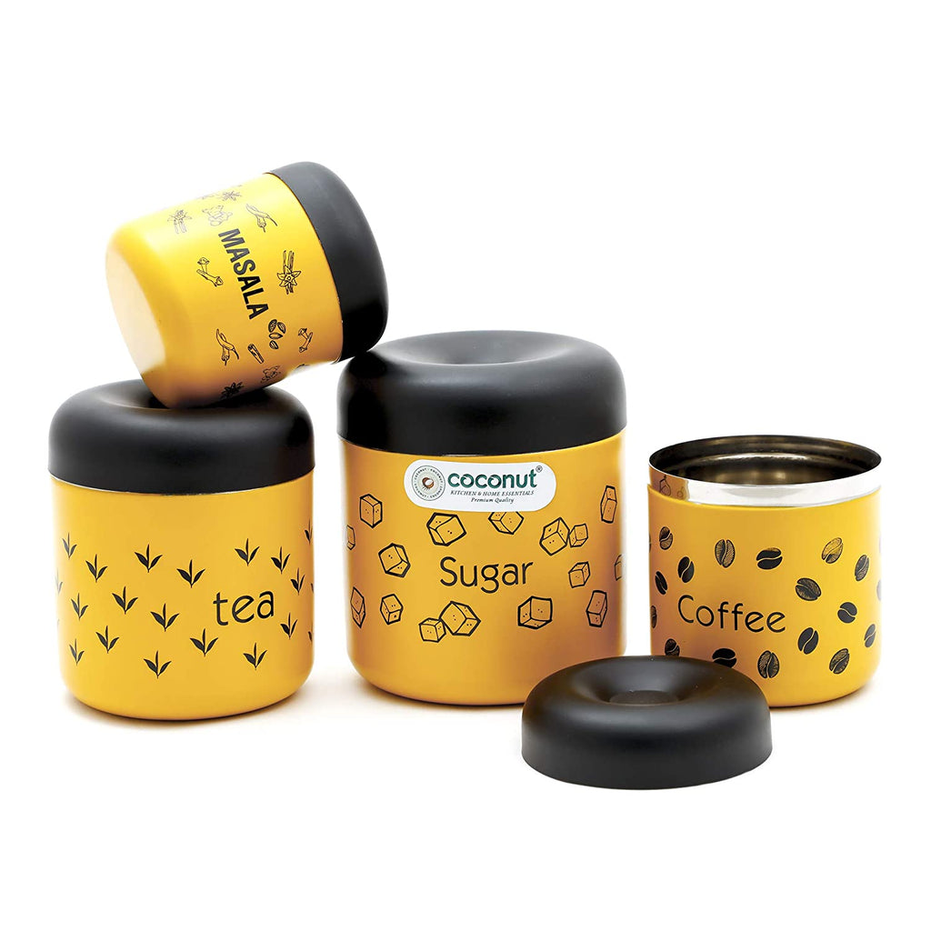Coconut Stainless Steel Tea/Coffee/Sugar/Masala Containers  - TCS Yellow - Set of 4