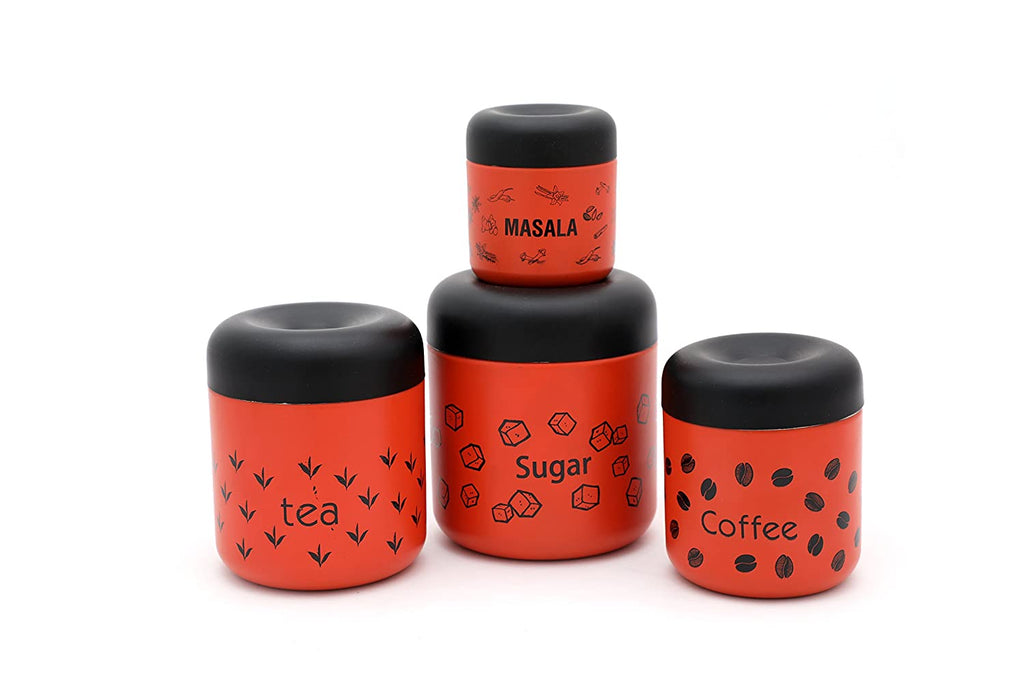 Coconut Stainless Steel TCS Red - Set of 4, Tea / Coffee / Sugar / Masala Containers, Spice box, Masala Containers, Storage Box, Pots, Dabba, Food Safe, Jointless, Heavy Gauge, Model - TCS Colour