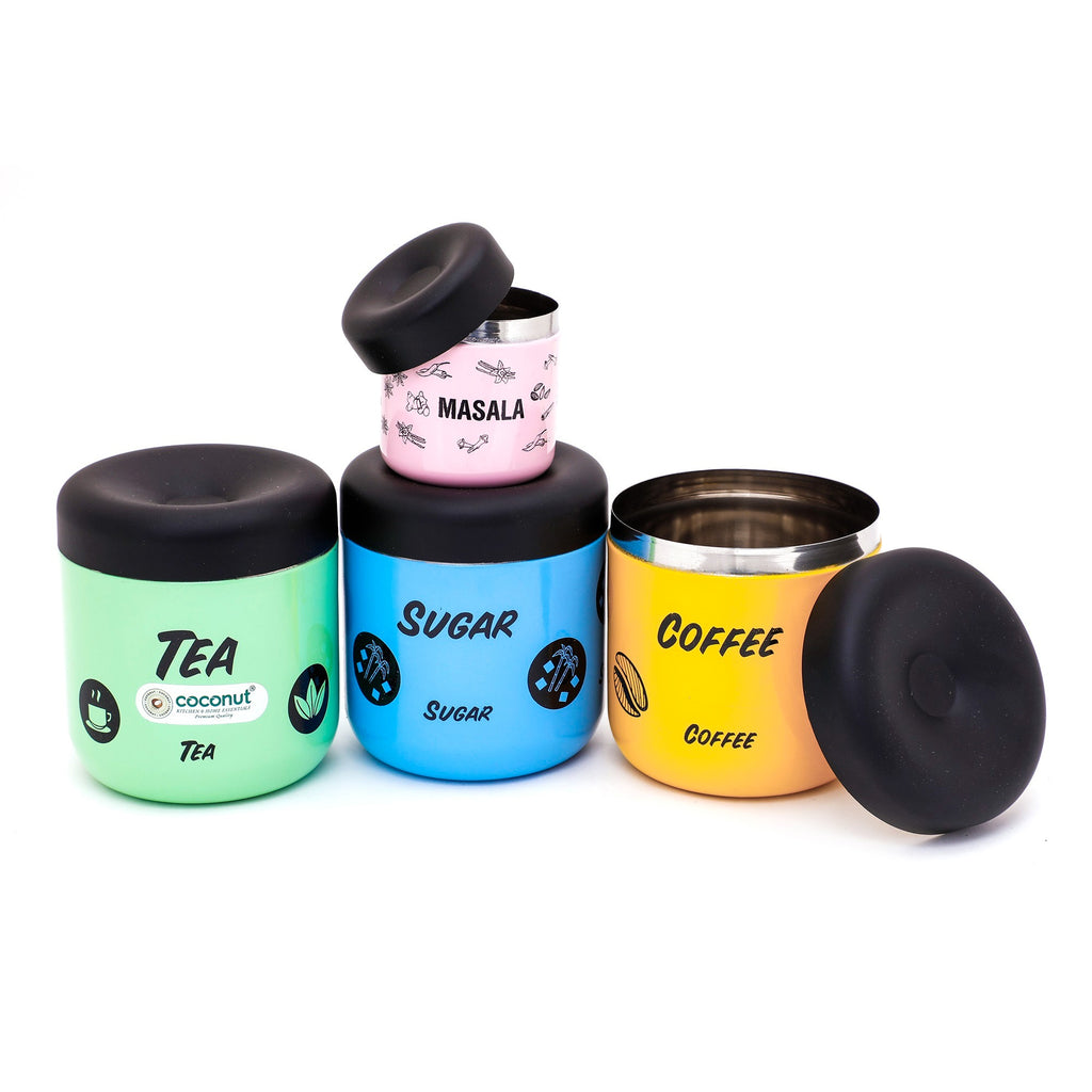coconut Tea/Coffee/Sugar/Masala Containers E13, Multicolour -Set of 4