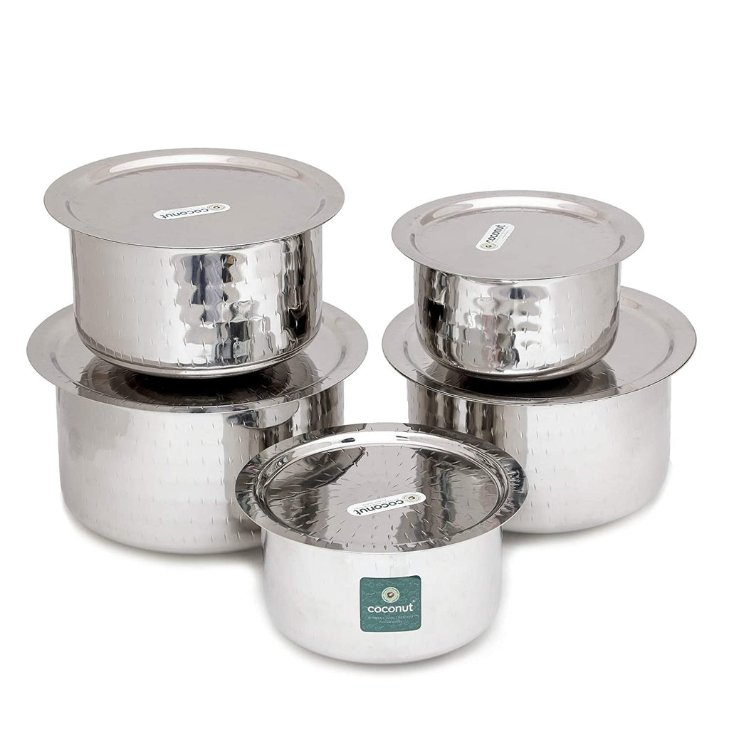 Coconut Stainless Steel Mathar Round Bottom (Hammered) Tope with Lids - Set of 5