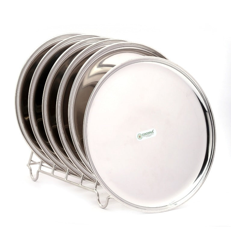 Coconut Stainless Steel Plain Round Full Plates/Thali - China Plates - Set of 6 - Diameter 28.5 Cms