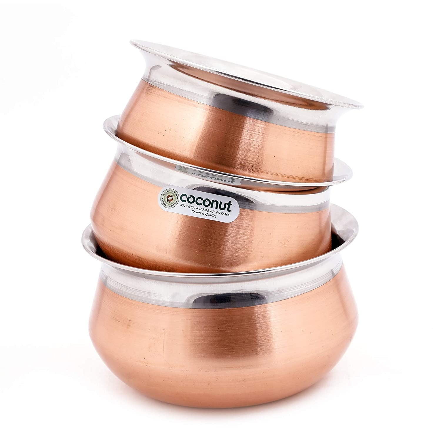 Dinner Set Stainless Steel Copper Bottom Handi Pot Pan 3 Piece Set  Combo/Steel 3 Handi Set ( Induction Bottom)