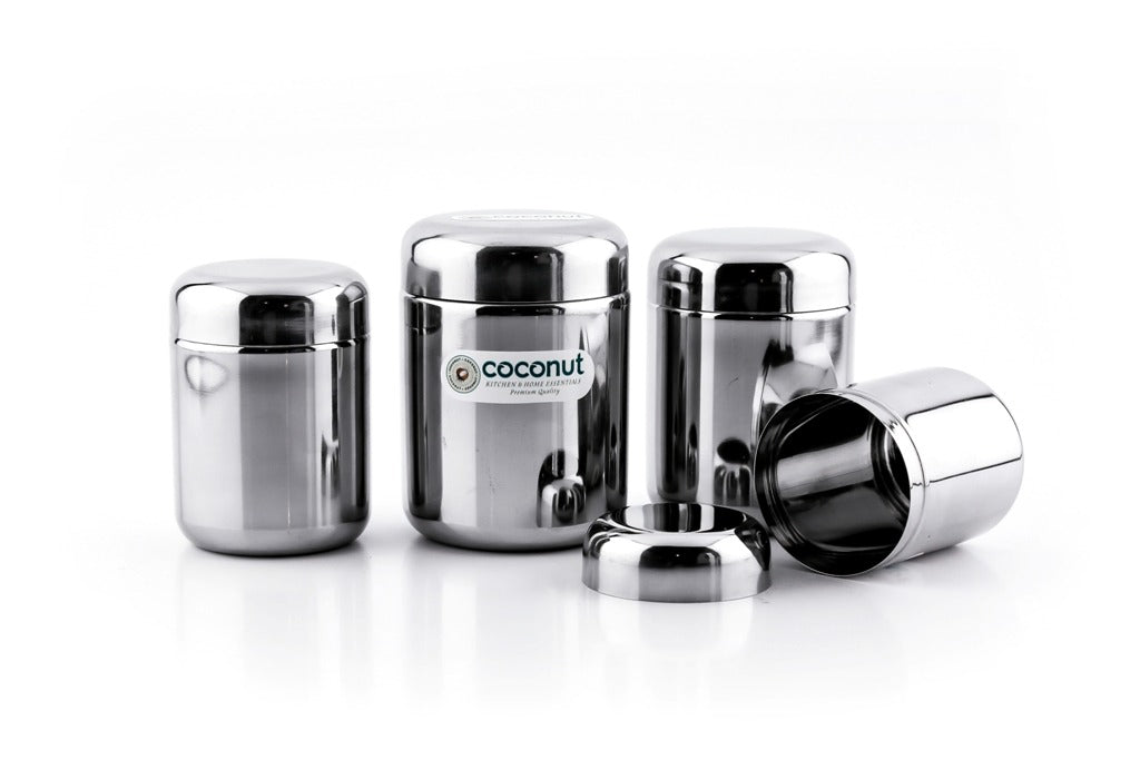 Coconut Stainless Steel Mini Spice Box / Container Set of 4-Pieces, Silver (Food Grade)