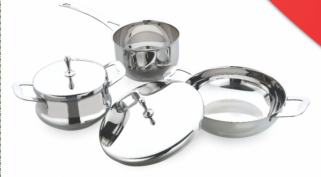 Coconut Stainless Steel Cookware Combo/Gift Set/Festive Pack of 5 (Kadai - 1, Sauce Pan-1, Pot -1, Lids - 2)