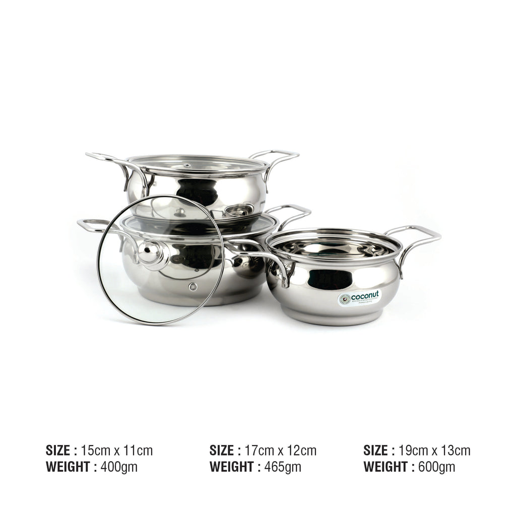 Coconut Minar Polish Induction Bottom Cookware Set (Stainless Steel, 3 - Piece)