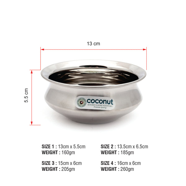 Coconut Stainless Steel Charminar Matt Finish Handi-Set of 4-1x4- Silver (Food Grade)