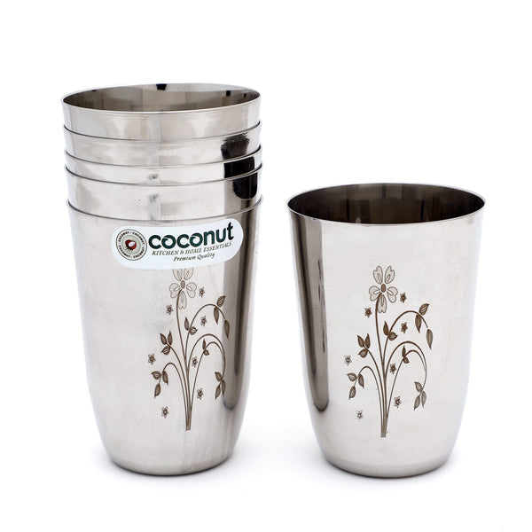 Coconut B24 Laser Design Stainless Steel Glass, 300 ml, Decorative Floral Laser Engraved Drinking Tumbler, Food Grade Steel Water Glass for Juice, Milk, Lassi & Buttermilk, Rust Proof.