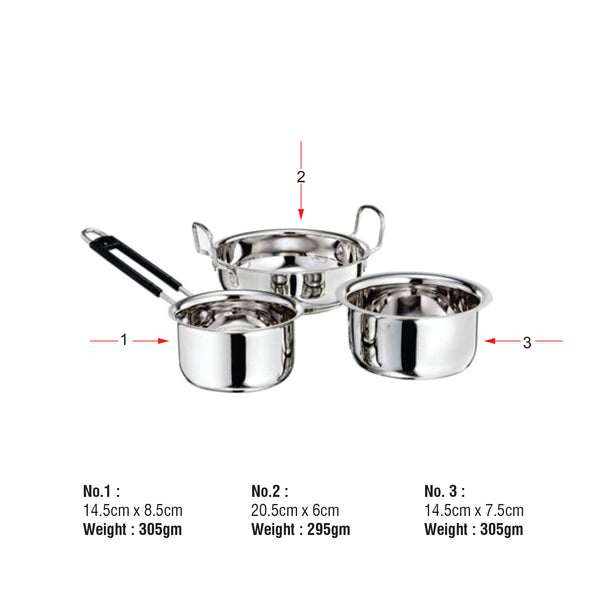 Coconut Stainless Steel Cookware Combo - 3 pc Set - Kadai - 1, Sauce Pan -1, Cooking Pot-1, Induction and Gas Stove compactible, Mirror finish, Model - Festive Pack 3