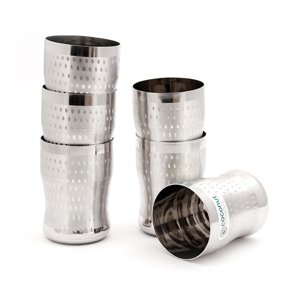 Coconut A9 Stainless Steel Shower Design Drinking Glass 250ml Each | Premium Designer Tumbler with Dot Pattern Finish | Food Grade Stainless Steel | Rust Proof, BPA Free, Dishwasher Safe | Water, Juice & Beverage Glasses.