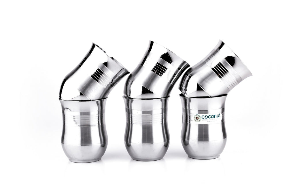 Coconut Stainless Steel A6 Water Glasses - Set of 6 (300 ML Each)