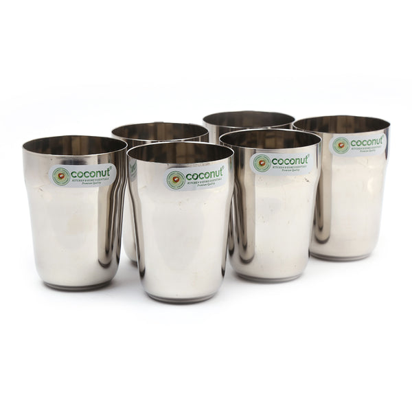 Coconut Stainless Steel Water Glass Set of 6 (270ml Each) | Heavy Gauge Food Grade Steel Drinking Tumbler | Mirror Finish Water Glass for Water, Juice, Lemonade, Milk & Beverages | Durable Kitchen Essential | Rust Proof | Model - B32 Metro.