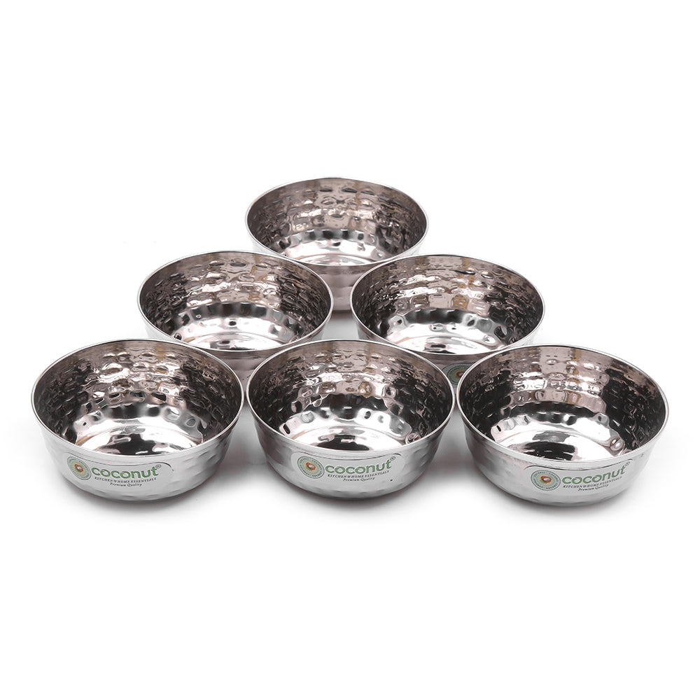 Coconut Stainless Steel Hammered Bowl/Vati/Katori- Set - 6